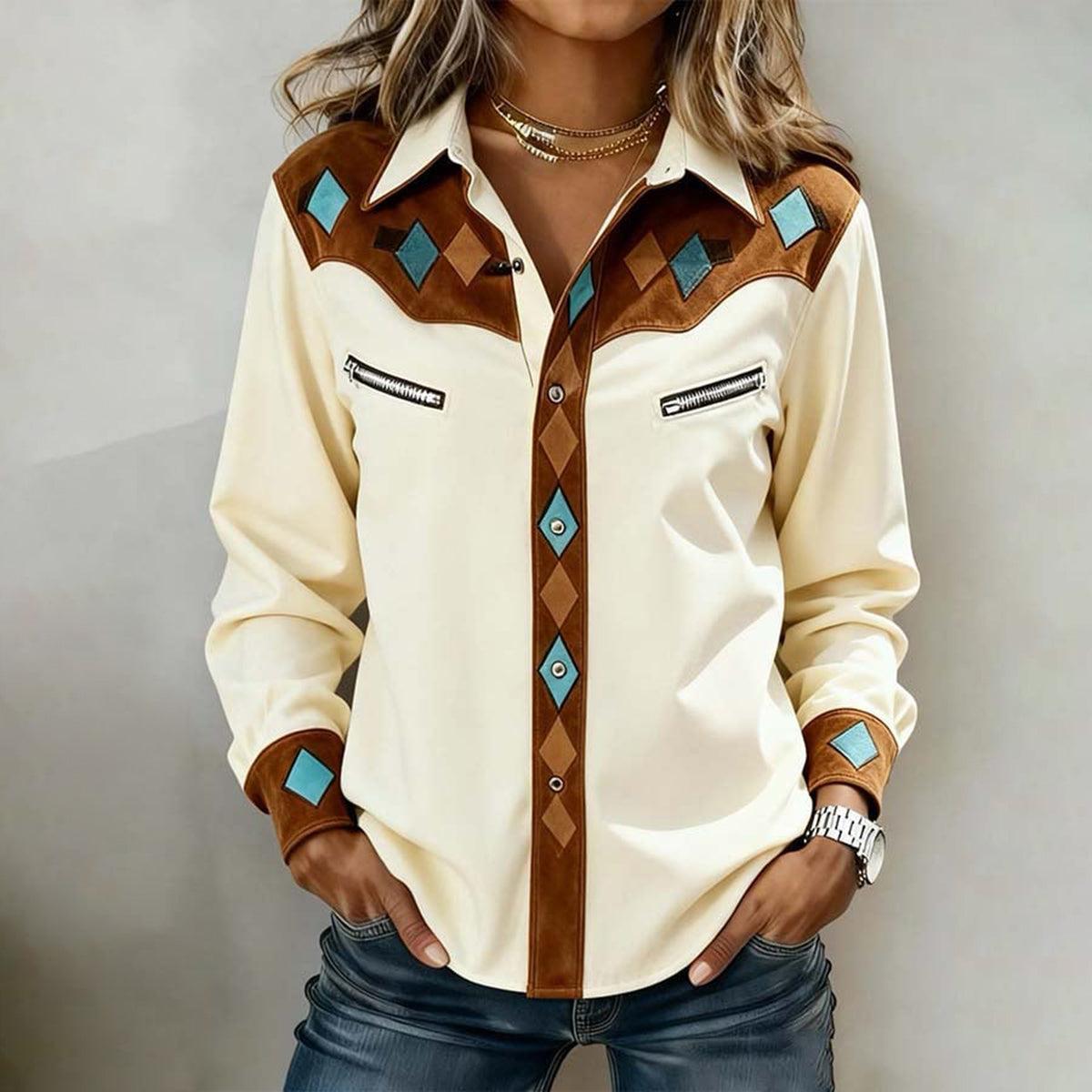 Winter Western Bluse beige – warme Diamond Patch Eleganz