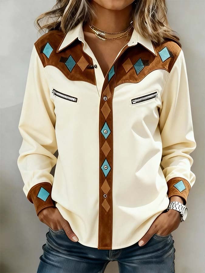 Winter Western Bluse beige – warme Diamond Patch Eleganz