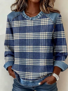 Winter Patchwork Longsleeve Denim Karo Shirt Damen Blau