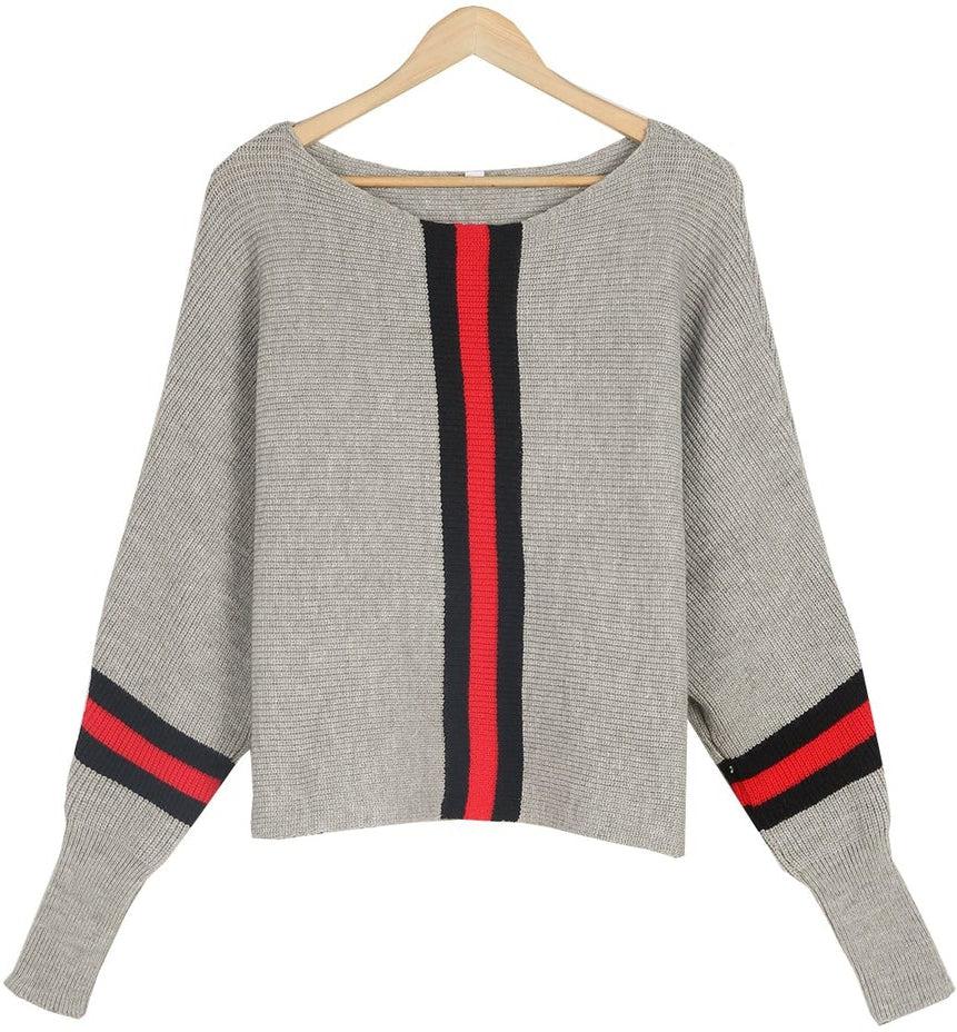 Winter-Chic Boston Red Striped Gray Dolman Sweater - Kuschelig & Stilsicher