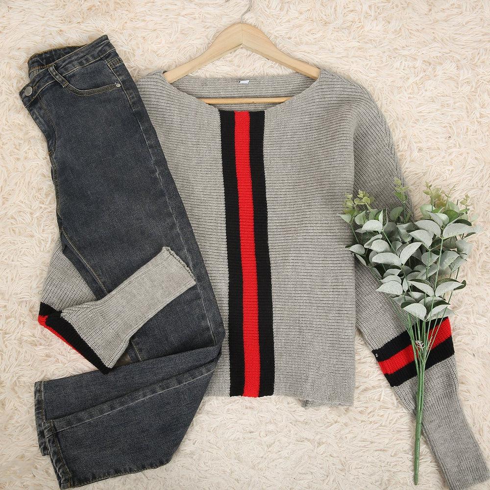 Winter-Chic Boston Red Striped Gray Dolman Sweater - Kuschelig & Stilsicher