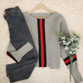 Winter-Chic Boston Red Striped Gray Dolman Sweater - Kuschelig & Stilsicher