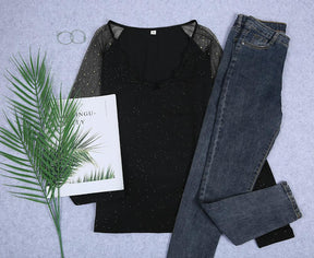 New York Nights Winter Top Schwarz mit glitzernden Sternen