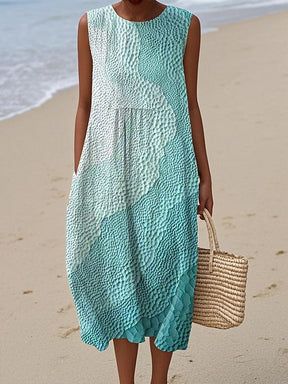 Winter Kleid Türkis Midi ärmellos Faux Leinen Meeresprint