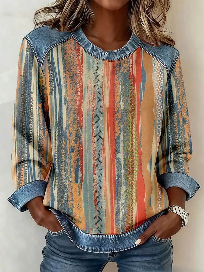 Boho Denim Patchwork Pullover – Kuscheliges Winter Sweatshirt