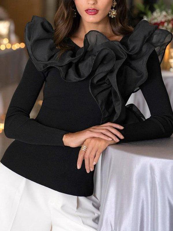 Elegantes schwarzes Winter-Rüschen-Top mit langen Ärmeln