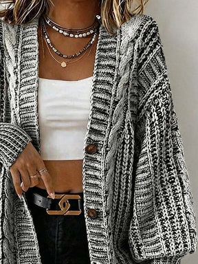 Warmer Oversize Winter Cardigan Damen mit Zopfmuster Grau