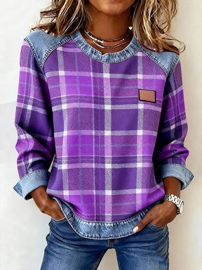 Kuscheliges Karo Sweatshirt Damen Winter Casual Denim Look