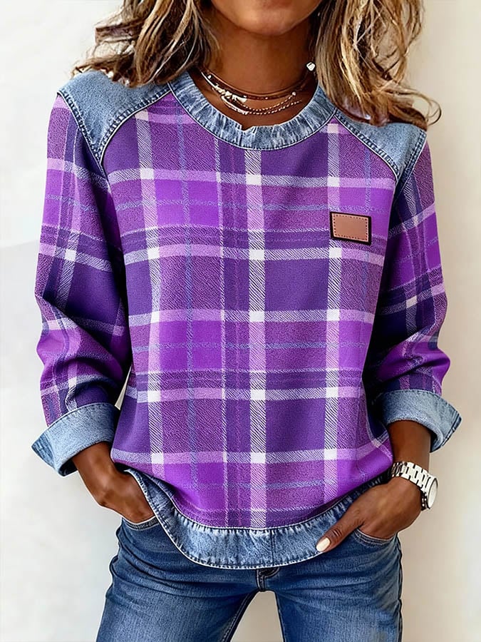 Kuscheliges Karo Sweatshirt Damen Winter Casual Denim Look