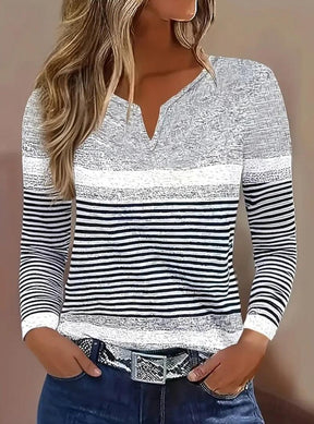 Winter Streifen Longsleeve mit Notch Neck – warm & chic