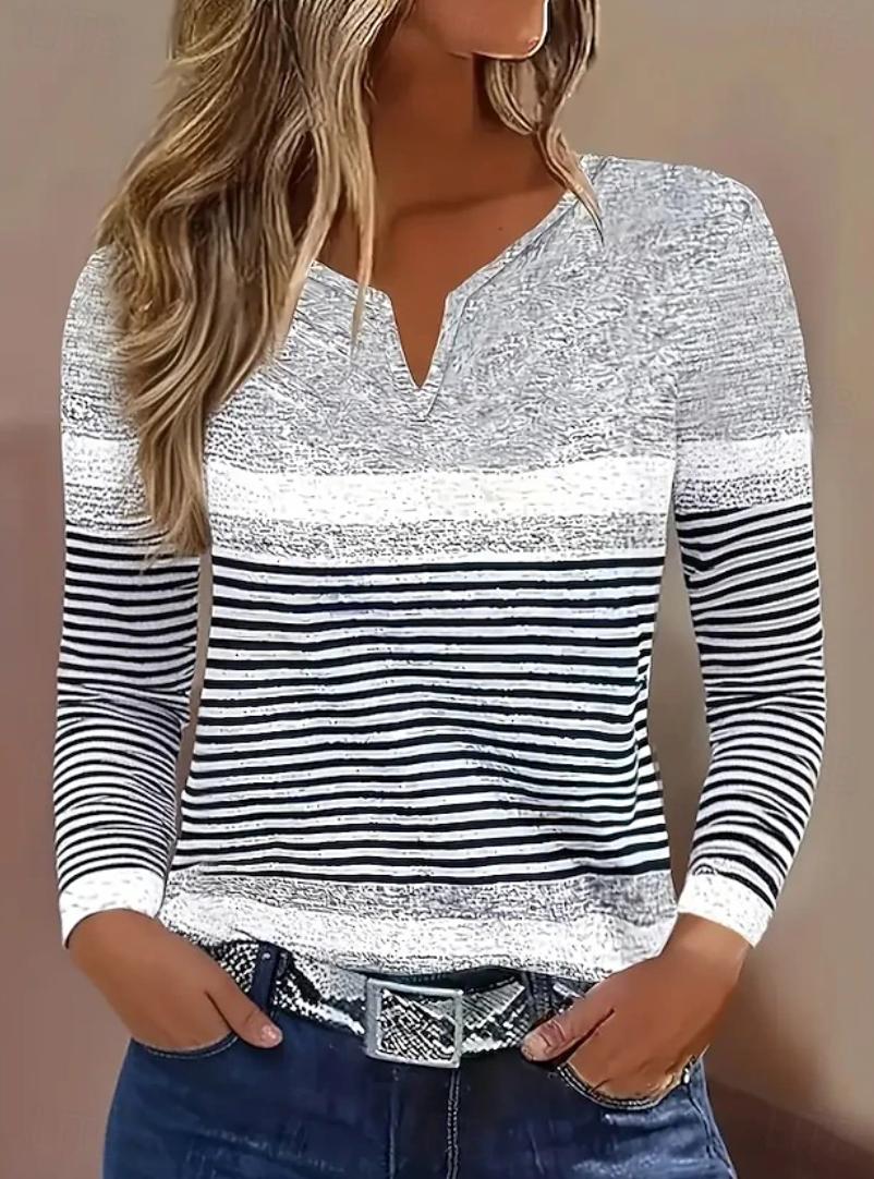 Winter Streifen Longsleeve mit Notch Neck – warm & chic