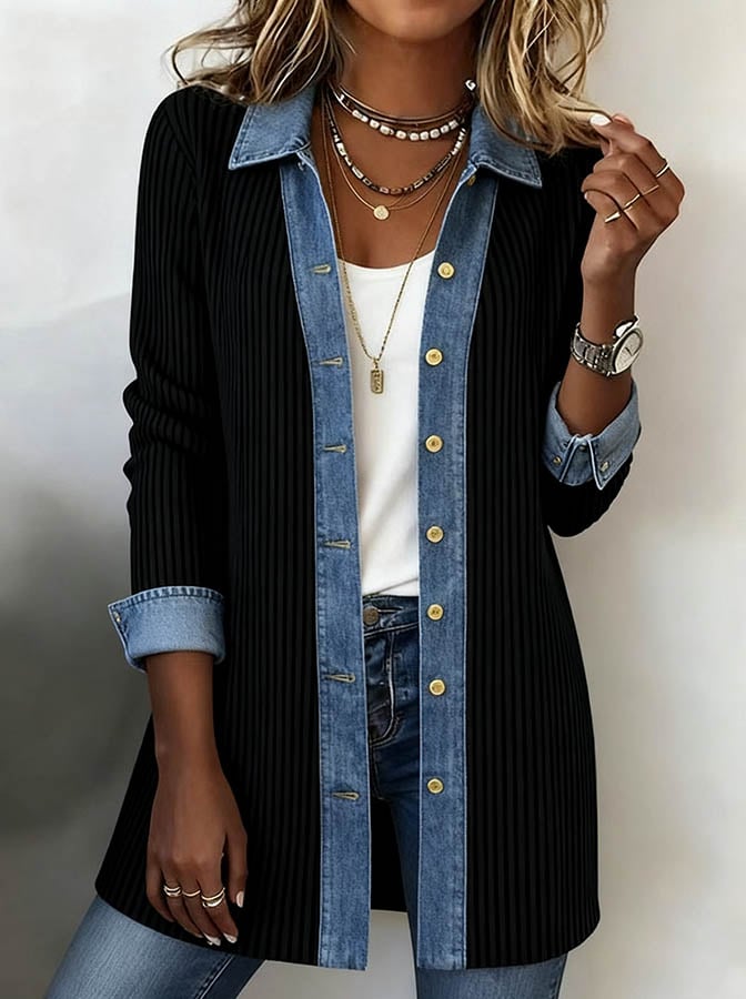 Winter Damen Patchwork Jacket schwarz Denim warm casual