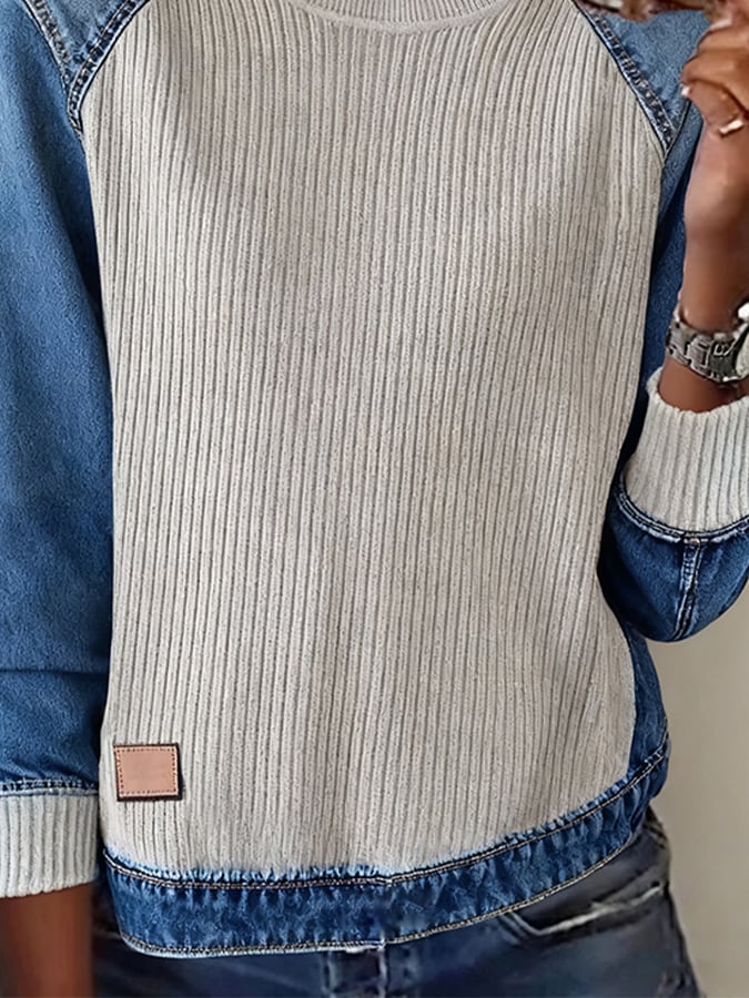 Winter Damen Sweatshirt Denim Patchwork warm & stylisch