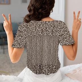 Retro Winter Top braun – feminines V-Neck mit Blumenprint