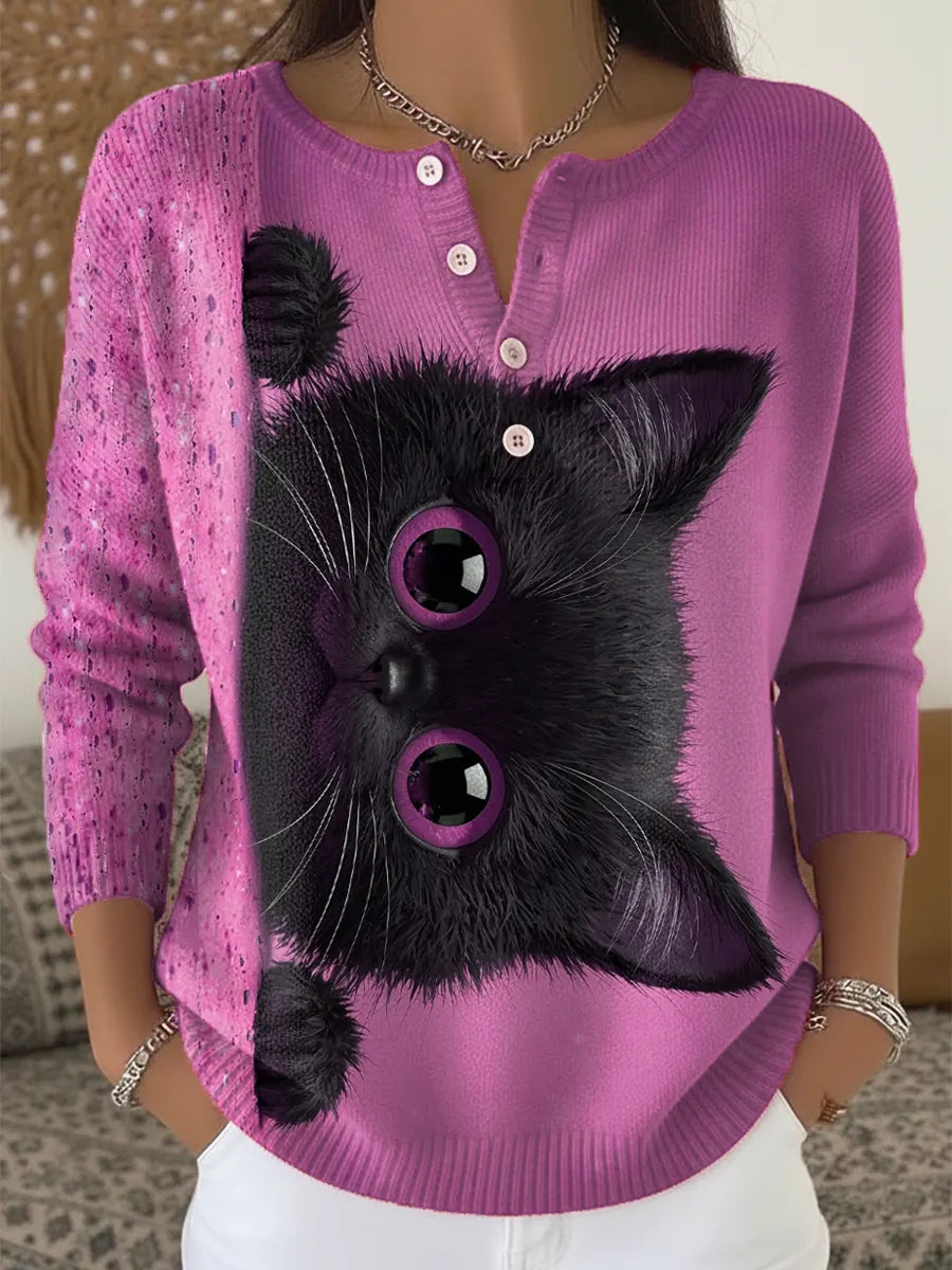 Kuscheliger Katzen Cardigan Pink – Winter Pullover Damen
