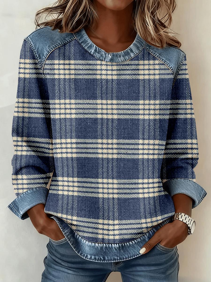 Winter Patchwork Longsleeve Denim Karo Shirt Damen Blau