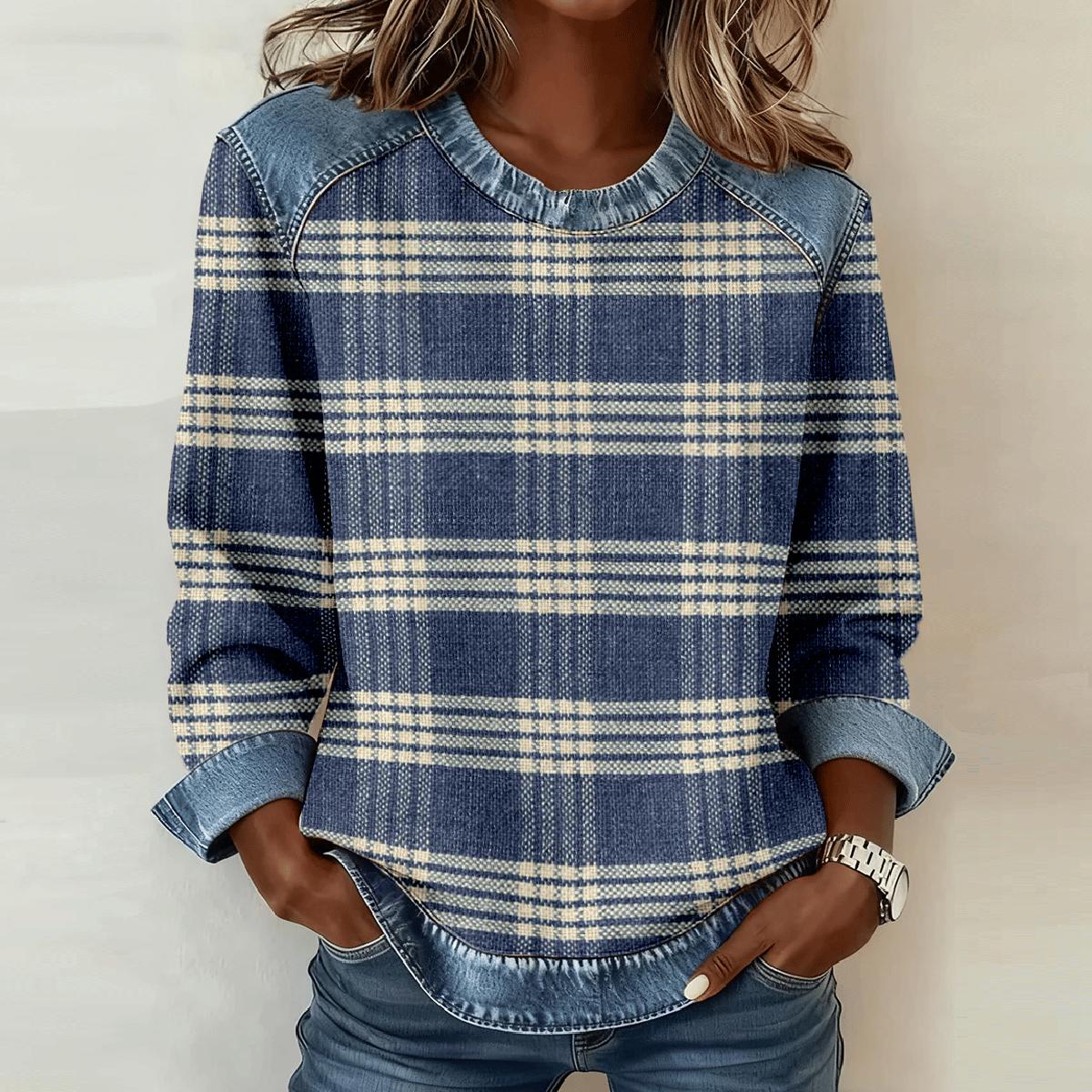 Winter Patchwork Longsleeve Denim Karo Shirt Damen Blau