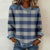 Winter Patchwork Longsleeve Denim Karo Shirt Damen Blau