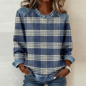 Winter Patchwork Longsleeve Denim Karo Shirt Damen Blau