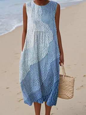 Winter Kleid Türkis Midi ärmellos Faux Leinen Meeresprint