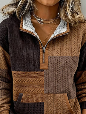 Damen Sherpa Winter Pullover mit Kragen Patchwork Braun