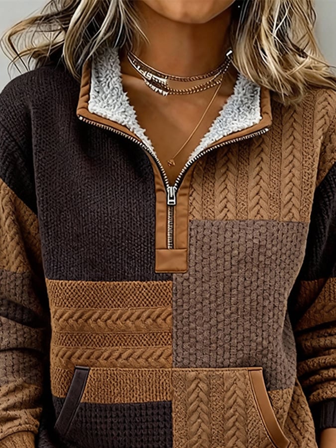 Damen Sherpa Winter Pullover mit Kragen Patchwork Braun