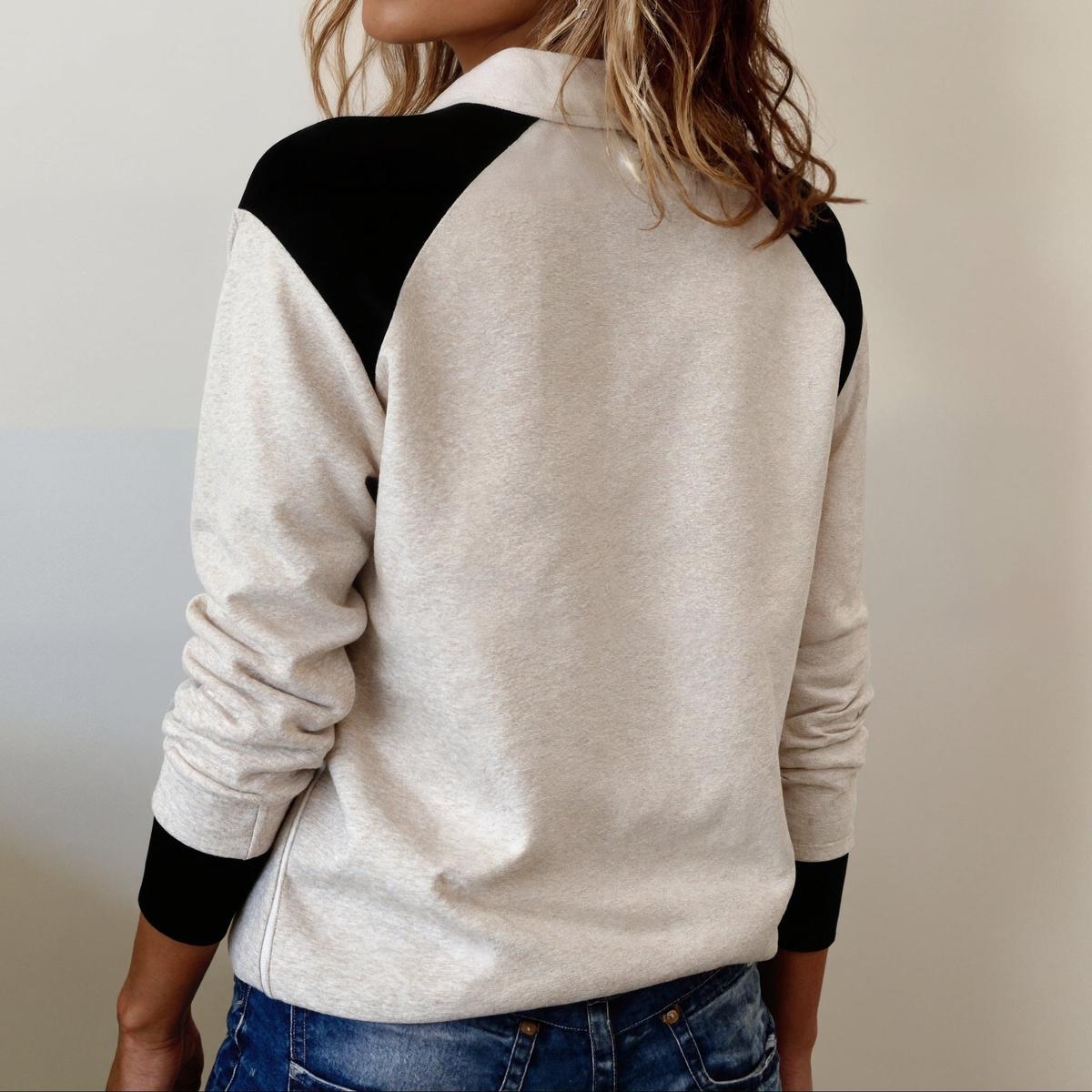 Winter Kuschel Color Block Top mit Kragen, beige-schwarz