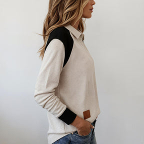 Winter Kuschel Color Block Top mit Kragen, beige-schwarz