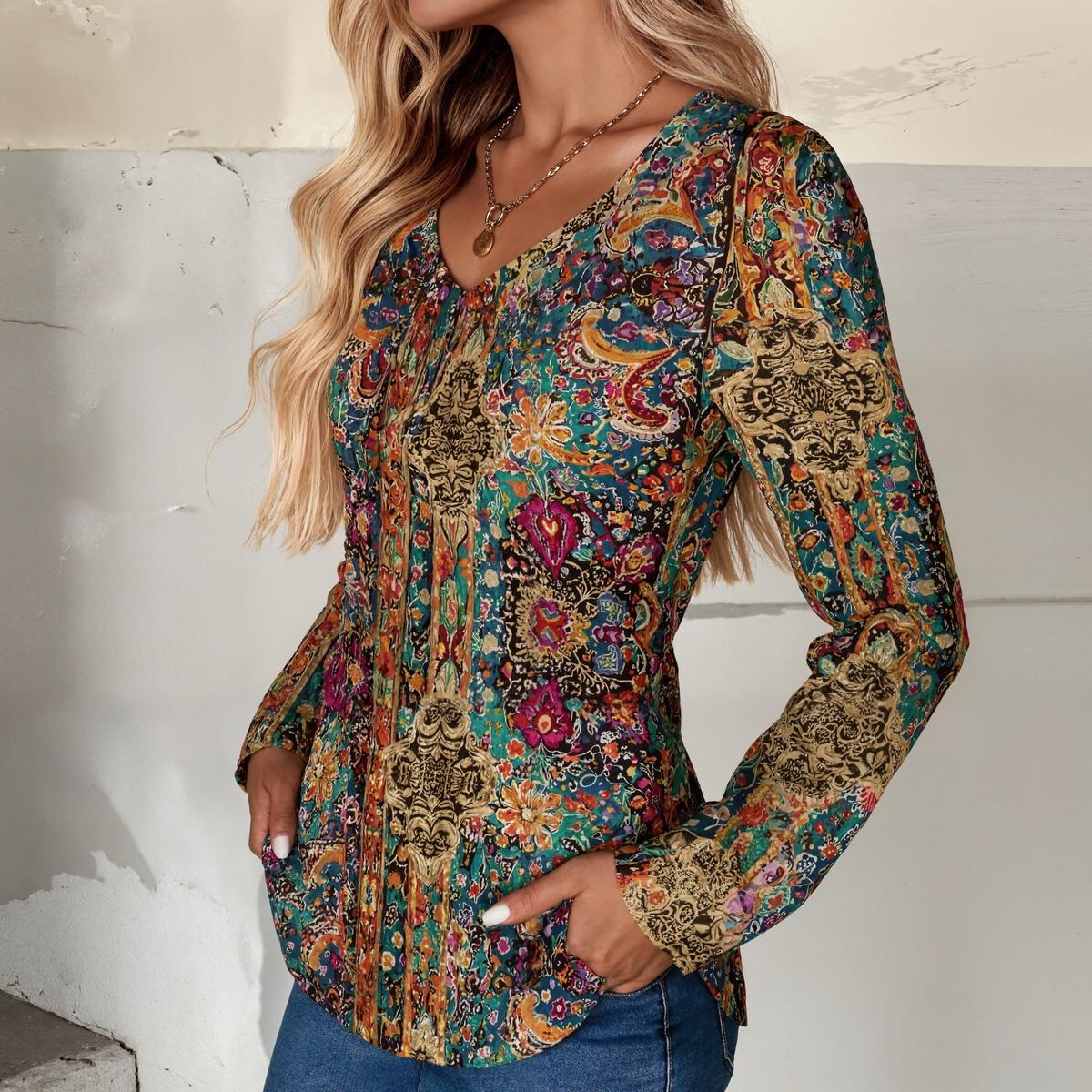 Boho Longsleeve Wintertop mit V-Ausschnitt, bunt und warm