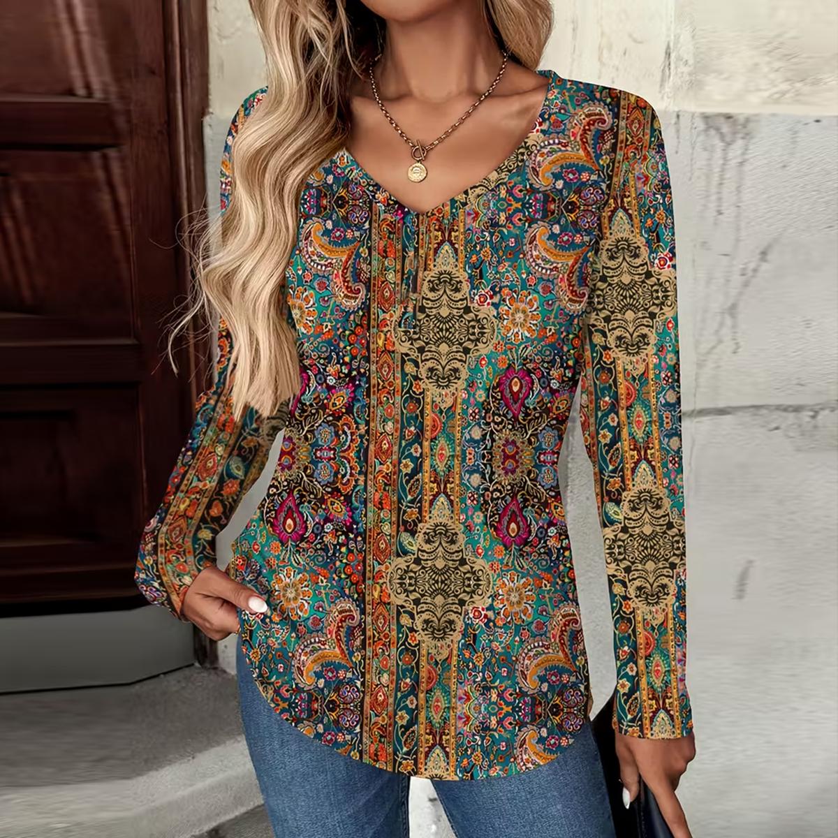 Boho Longsleeve Wintertop mit V-Ausschnitt, bunt und warm