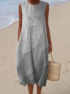 Winter Kleid Türkis Midi ärmellos Faux Leinen Meeresprint