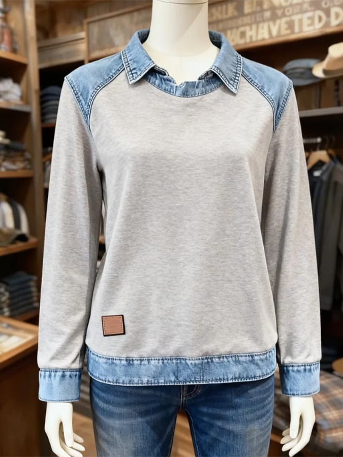 Winter Damen Sweatshirt mit Denim Kragen – kuschelig & stylisch