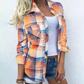 Winterliches Blue-Orange Kariertes Blusen-Top mit Knopfleiste