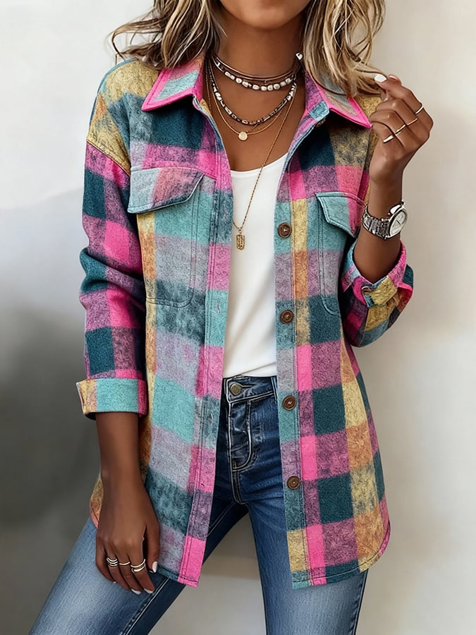 Bunte Winter Shacket Damenjacke warm kariert Casual Trend