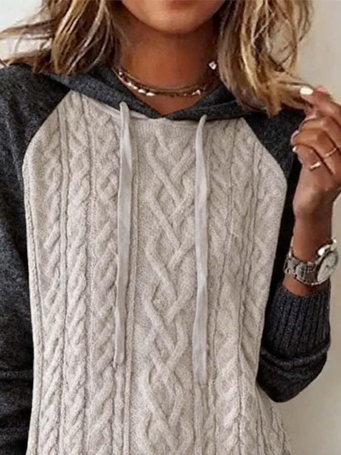 Kuscheliger Winter Hoodie Damen creme-grau mit Zopfstrick