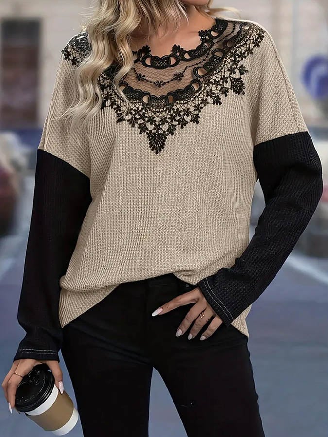 Warmer Damen Waffelstrick Pullover mit Spitze Winter Beige