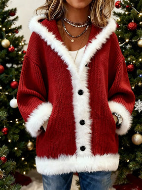 Kuschelige Weihnachtsjacke Damen Rot mit Kunstfell Kapuze