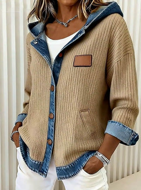 Kuschelige Patchwork Winterjacke mit Kapuze in Camel Denim