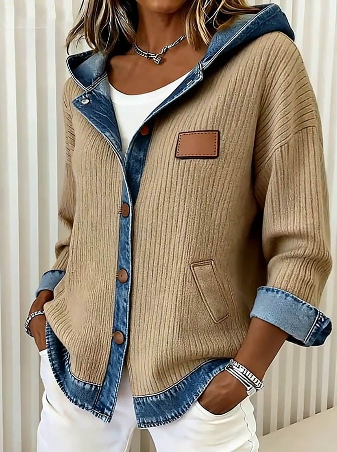 Kuschelige Patchwork Winterjacke mit Kapuze in Camel Denim