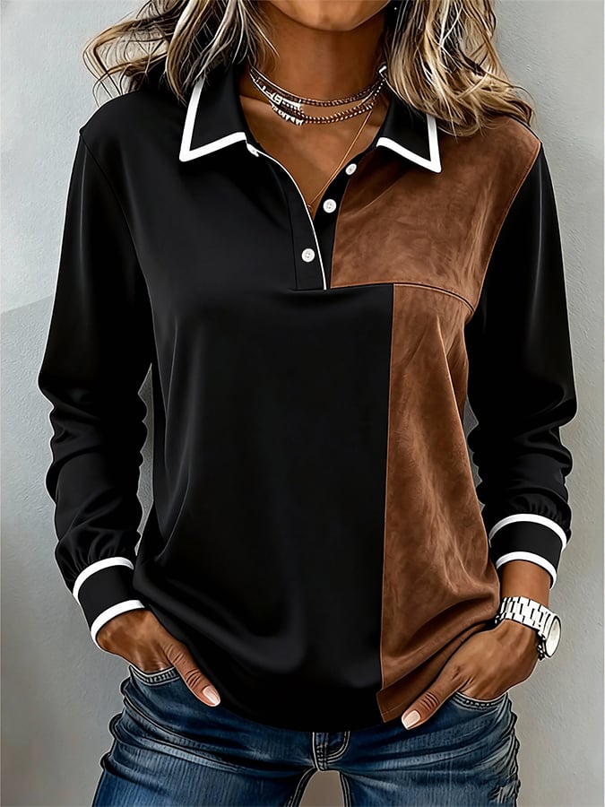 Winter Damen Colorblock Hemd Schwarz Karamell Langarm Casual