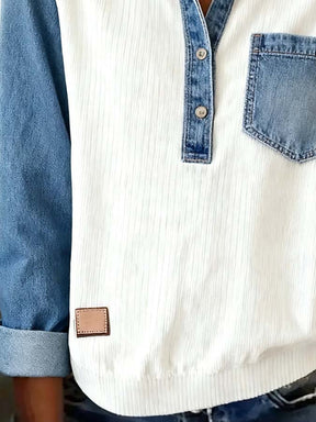 Winter Damen Denim Patchwork Longsleeve Top casual warm