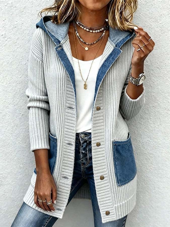 Winter Damen Denim Strickjacke mit Kapuze – warm & casual