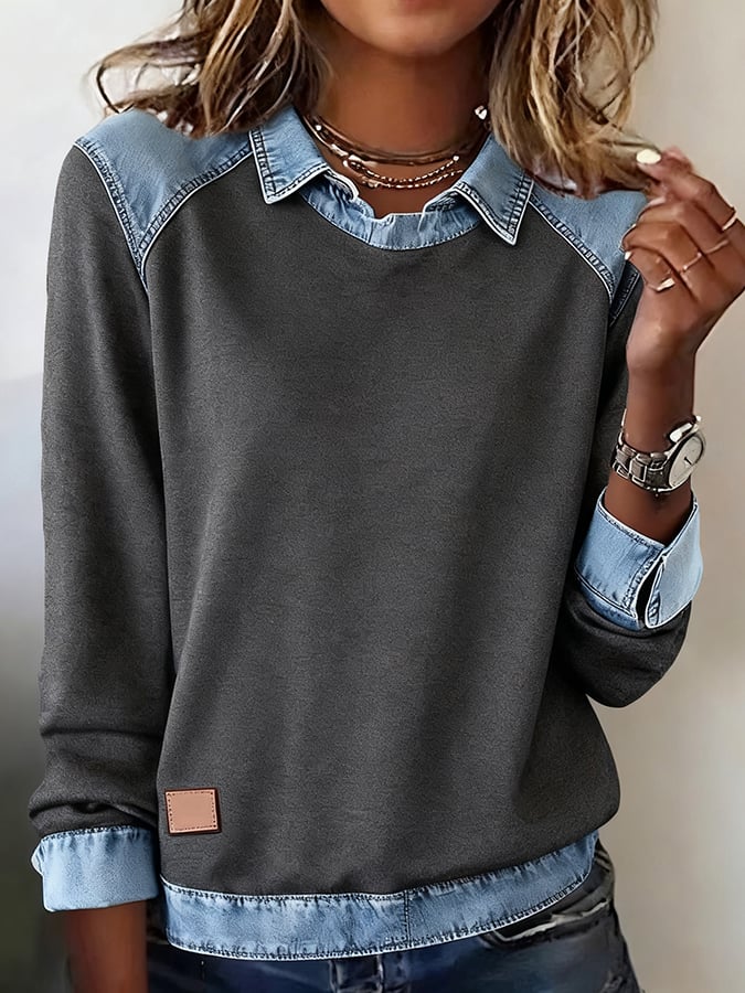 Winter Damen Sweatshirt mit Denim Kragen – kuschelig & stylisch
