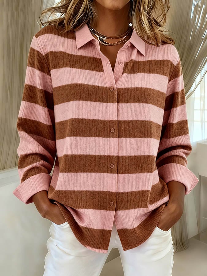 Winter Damen Streifenhemd rosa braun – warm & stylisch