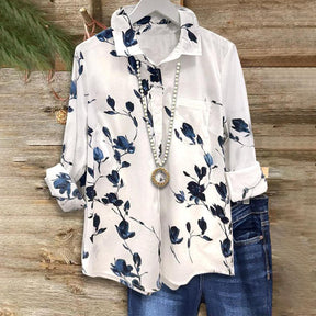 Winter Damen Hemd warmweiß mit blauem Blumenprint Langarm