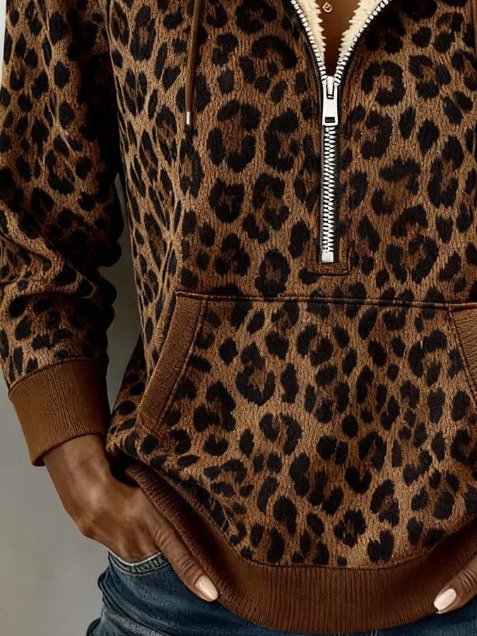 Kuscheliger Leo Hoodie Damen Winter mit Teddyfutter Warm