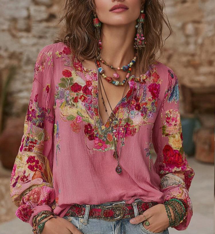 Boho Winterbluse floral rosé mit V-Ausschnitt und Langarm