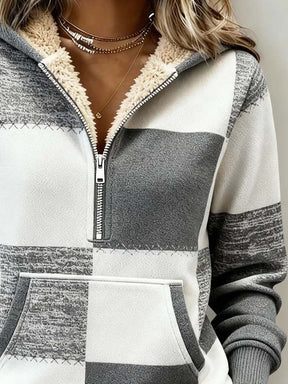 Damen Teddy Hoodie kariert grau – kuscheliger Winterpulli