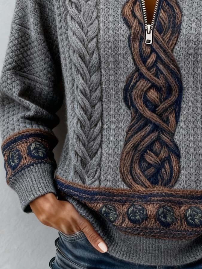 Damen Winter Fleece Pullover mit Zopfstrick Look, Kuschelsweater