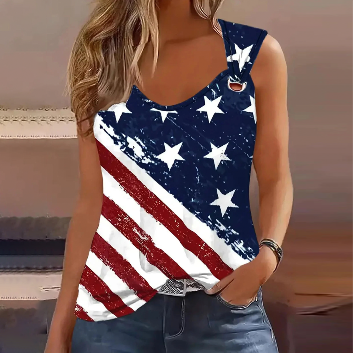 Classy V-Neck Top Winter-Chic mit Flag-Print Sleeveless